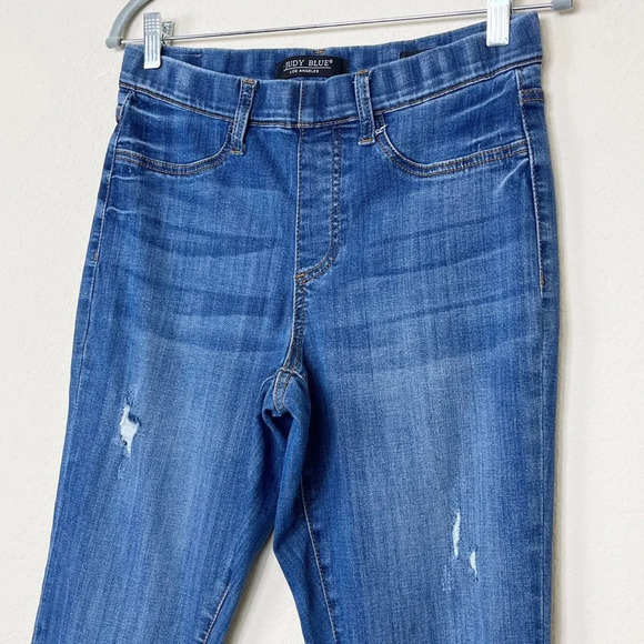 Judy Blue High Waist Distressed Boyfriend Fit Pull On Blue Denim Jeans - Picture 7 of 14